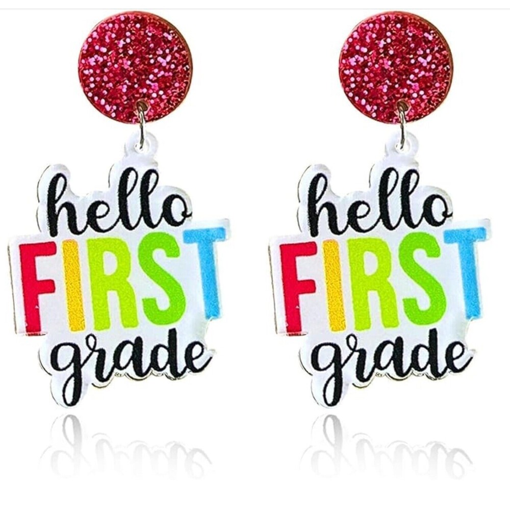 Fun Teacher Earrings Hello First Grade Dangle Acrylic School